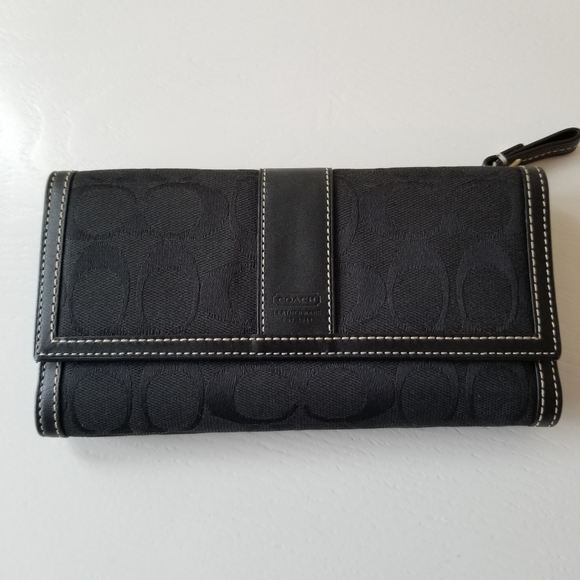 Coach Signature Jacquard Leather Tri-Fold Wallet With Checkbook Cover - Picture 2 of 11